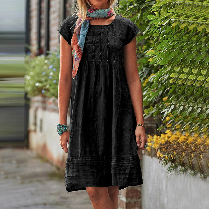 Fashion U-neck Short Sleeve Dress Summer Solid Straight Dresses Womens Clothing - kinko