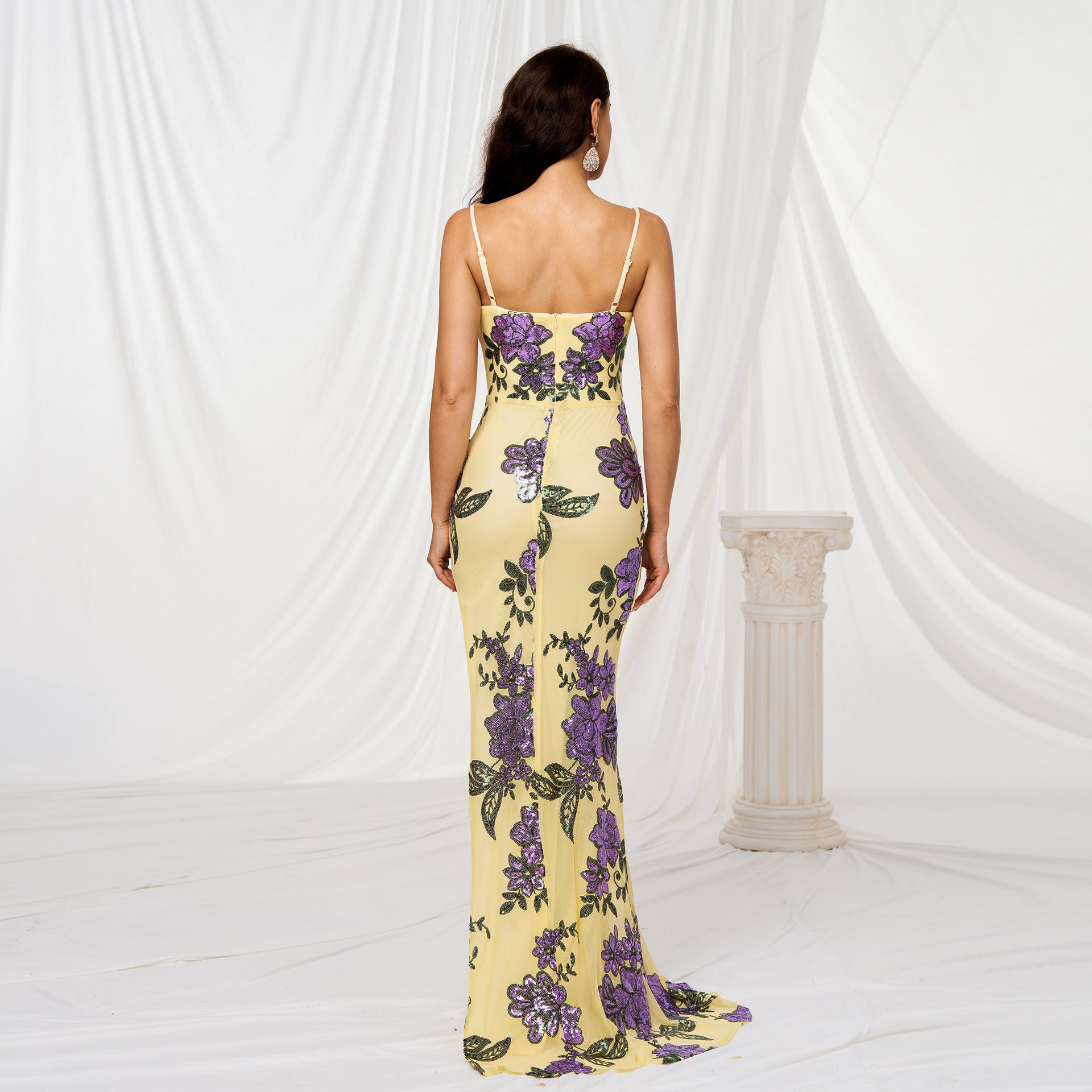 V-neck Brace Slim-fit Sheath Sequined Slit Evening Dress - kinko