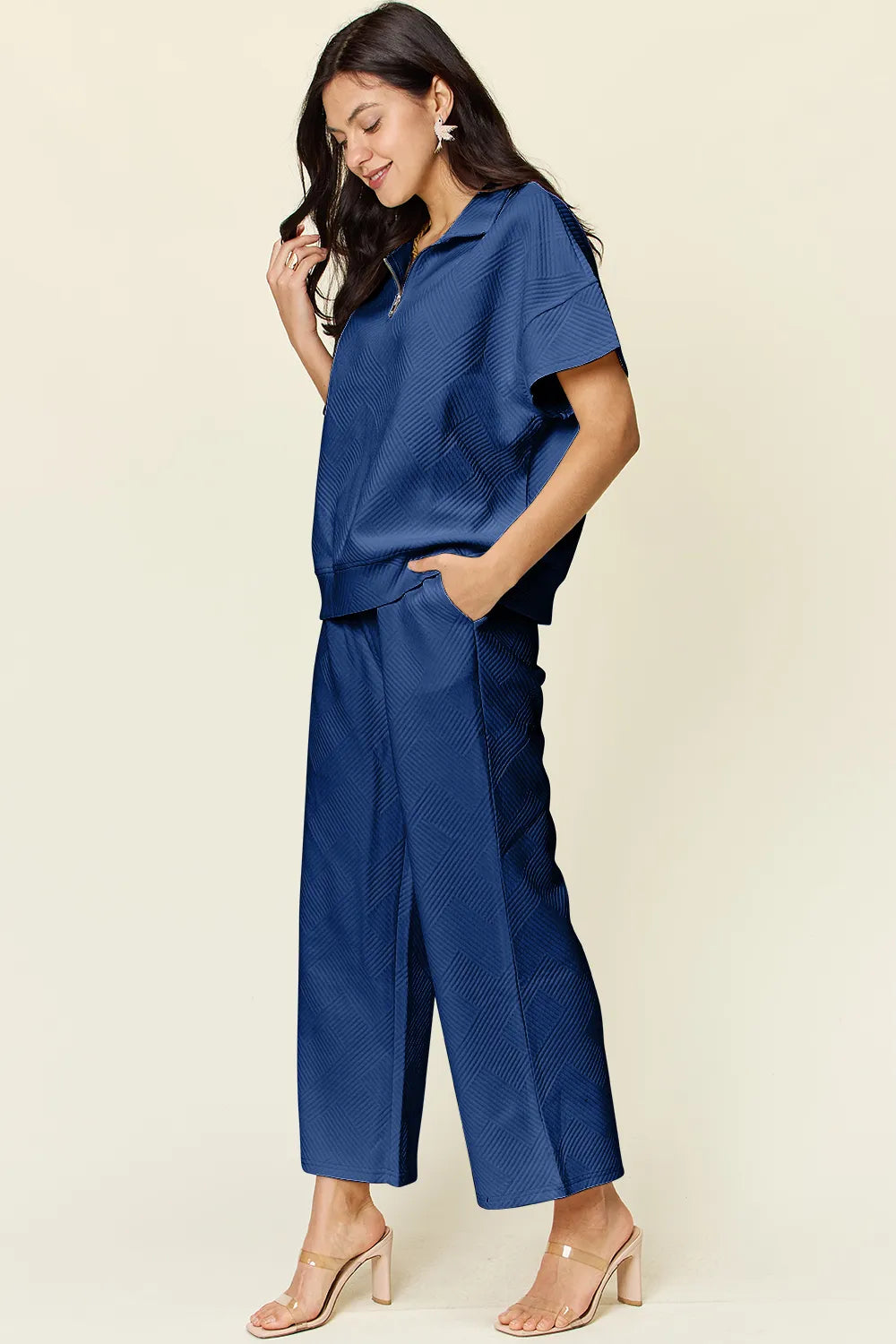 Double Take Full Size Texture Half Zip Short Sleeve Top and Pants Set - kinko