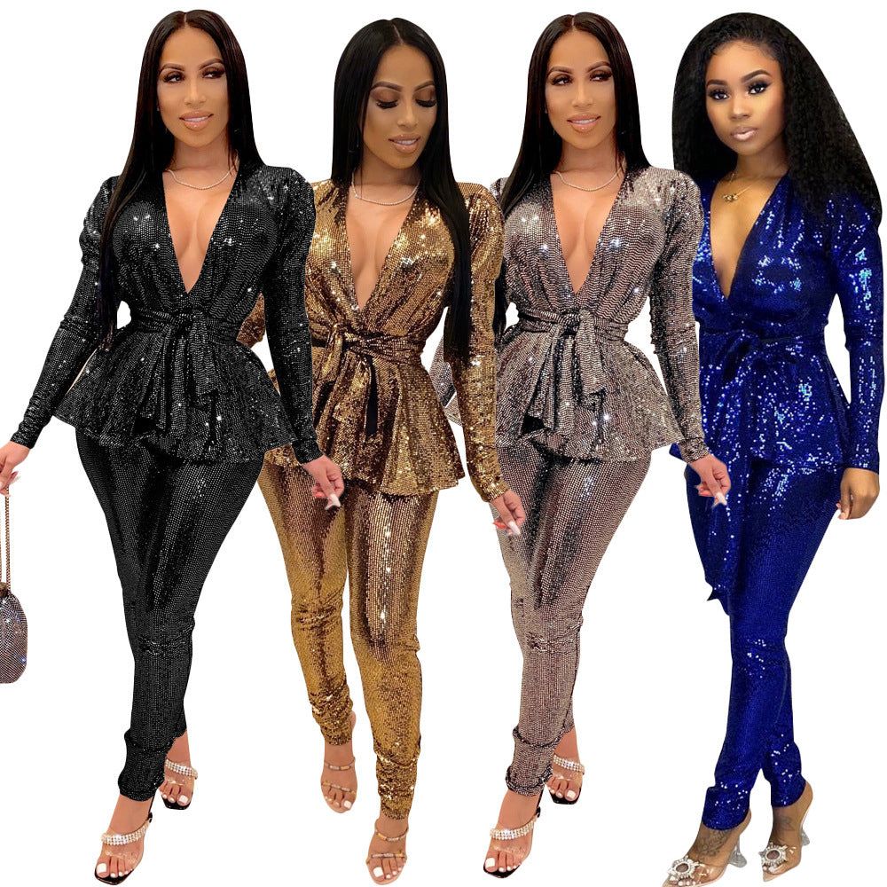 Women's Slim-fit Fashion Bronzing Long-sleeved Two-piece Suit - kinko