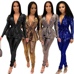 Women's Slim-fit Fashion Bronzing Long-sleeved Two-piece Suit - kinko