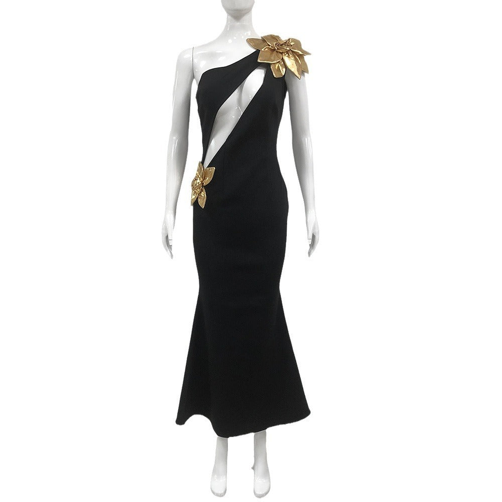 Slim-fit Bandage Golden Flower Maxi Dress - kinko