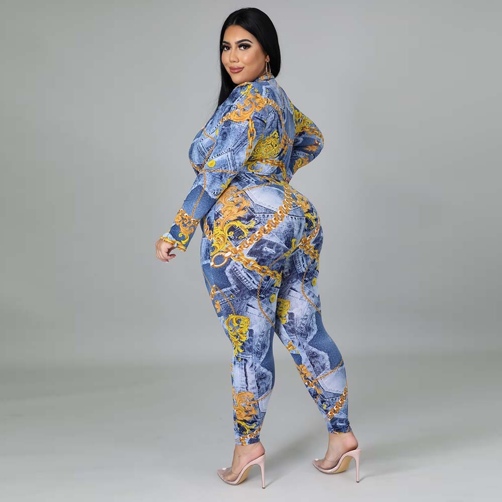 Plus Size Women's Autumn New Fashion V-neck Printed Shirt Trousers Suit - kinko