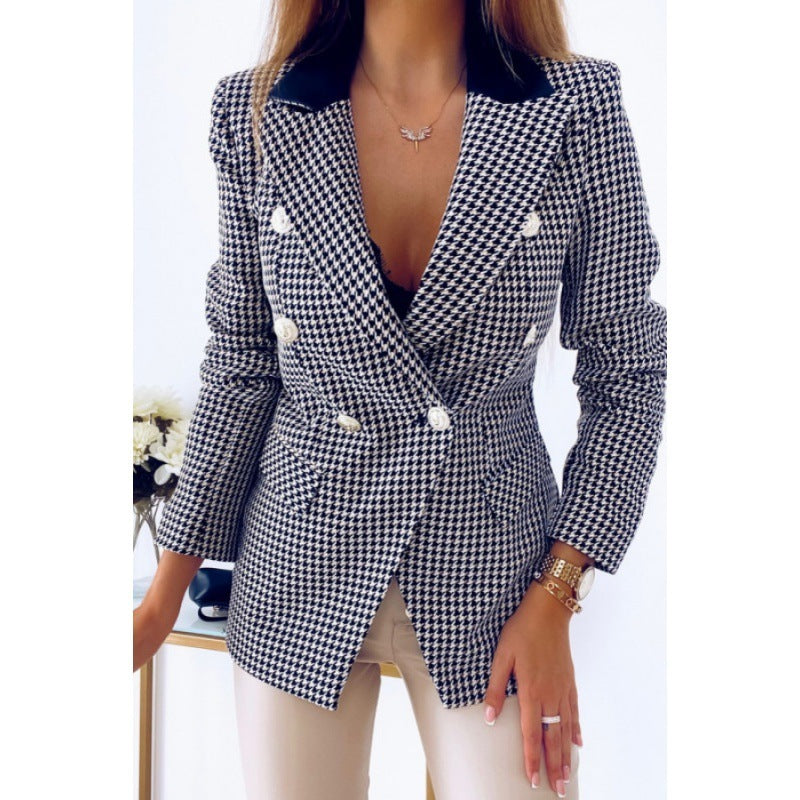 Women's Houndstooth Blazer Pocket Coat - kinko