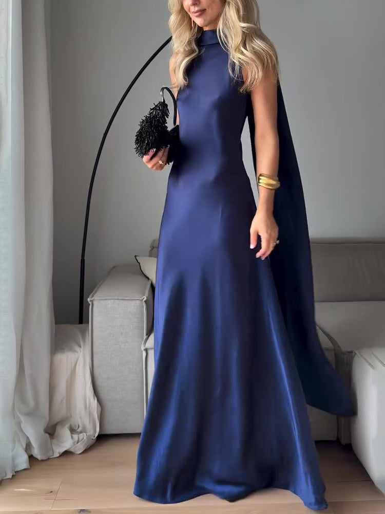 Royal Blue Satin Sleeveless Maxi Dress - kinko