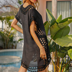 Embroidery Coverups For Women Tunic Beach Cover Up Dress Solid Blouse Beachwear Lace Fishnet Bikini Wrap Black Cover-Up