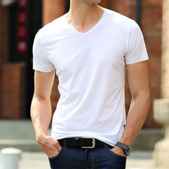 2023 Men's T-shirt Japan Short Sleeve Male Ice Silk Trackless T-shirt V-neck Slim Summer Pure Colors Clothing T Shirts Tops Tee