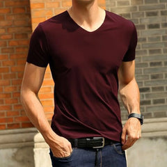 2023 Men's T-shirt Japan Short Sleeve Male Ice Silk Trackless T-shirt V-neck Slim Summer Pure Colors Clothing T Shirts Tops Tee