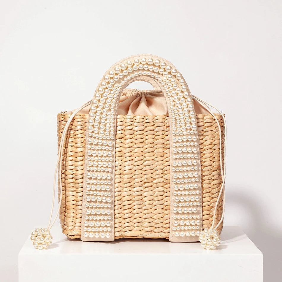 Pearls Beach Bag Women 2020 Summer New Elegant Woven Beaded Straw Bag Female Bohemia Knitted Large Tote Handbag Vacation Casual