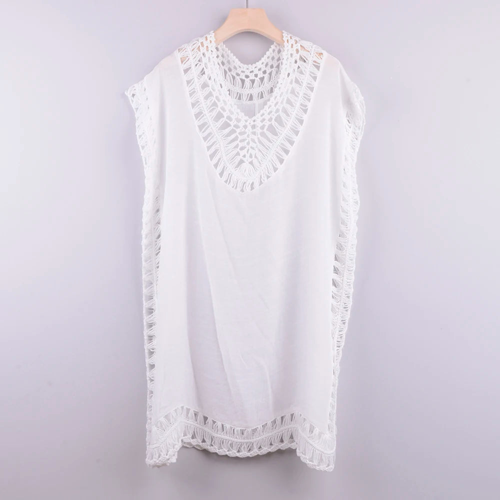 Embroidery Coverups For Women Tunic Beach Cover Up Dress Solid Blouse Beachwear Lace Fishnet Bikini Wrap Black Cover-Up