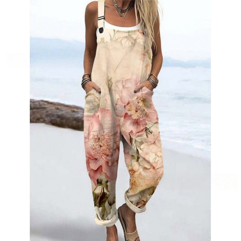 Women's Summer Digital Printing Button Casual Suspender Trousers - kinko