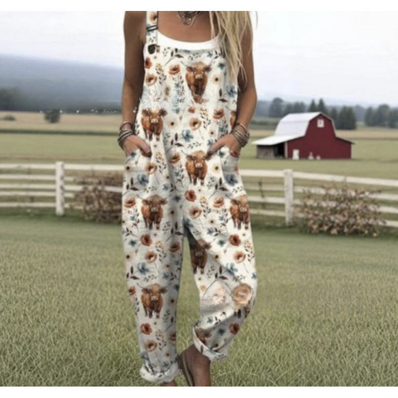Women's Summer Digital Printing Button Casual Suspender Trousers - kinko