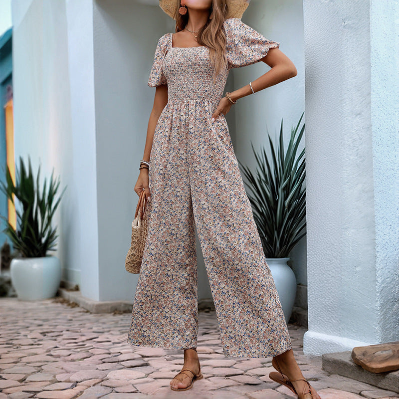Square Collar Puff Sleeve Vacation Style Floral Jumpsuit - kinko