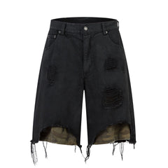 High-grade RO Style Cropped Pants Men's Street Washed Broken Denim Middle Pants Straight - kinko