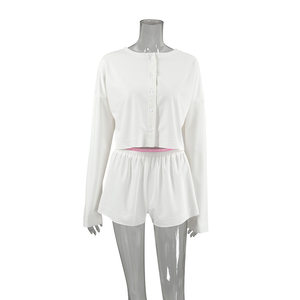 Summer White Short Loose Home Wear Women Casual Cardigan Long Sleeve Stitching Shorts Pajamas