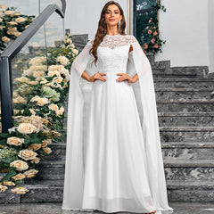 Women's Plus Size Solid Color Elegant Chiffon Round Neck Lace Stitching Cloak Evening Dress - kinko
