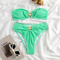 Contrast Color Soild Bikini Swimsuit Women Wave Pattern Split Swimsuit