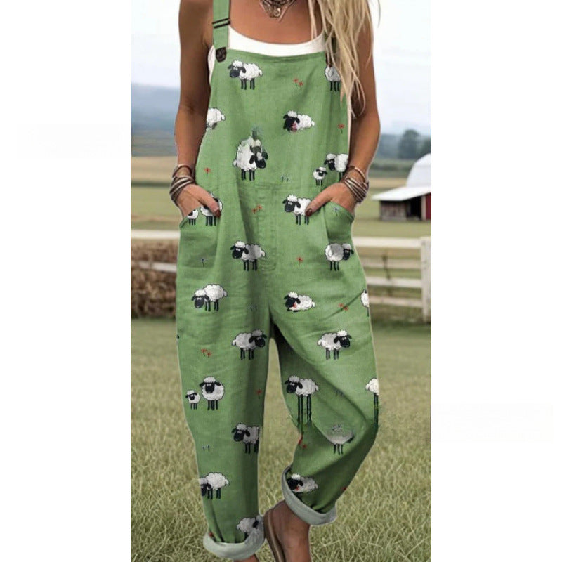 Women's Summer Digital Printing Button Casual Suspender Trousers - kinko