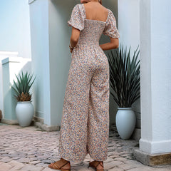 Square Collar Puff Sleeve Vacation Style Floral Jumpsuit - kinko