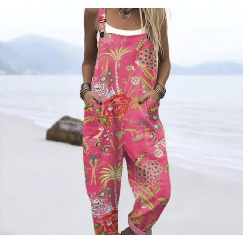 Women's Summer Digital Printing Button Casual Suspender Trousers - kinko