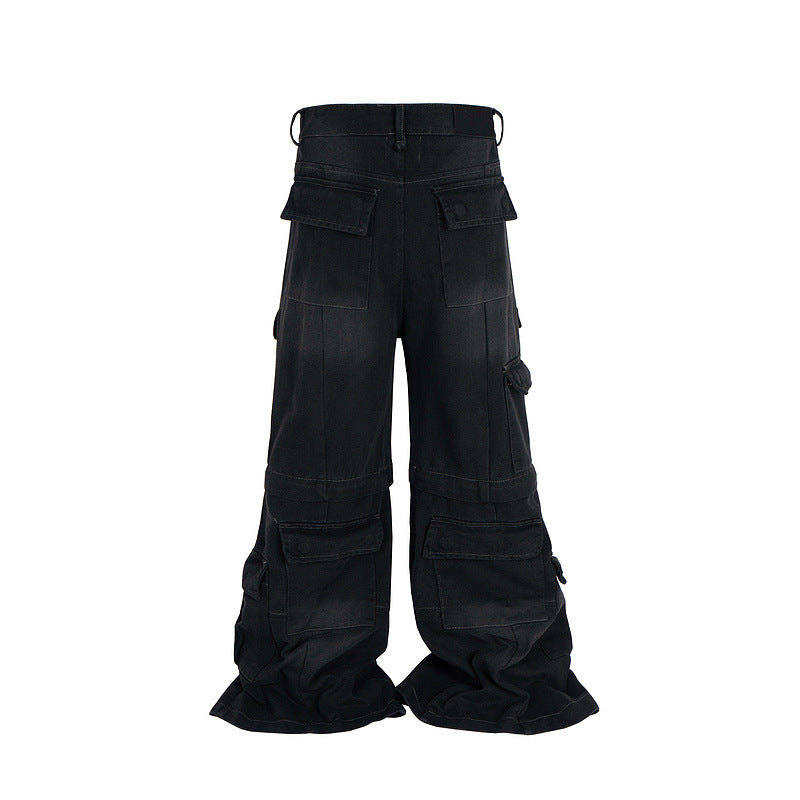Detachable Worn Looking Washed-out Multi-pocket Detachable Two-way Wear Micro-pull Overalls - kinko