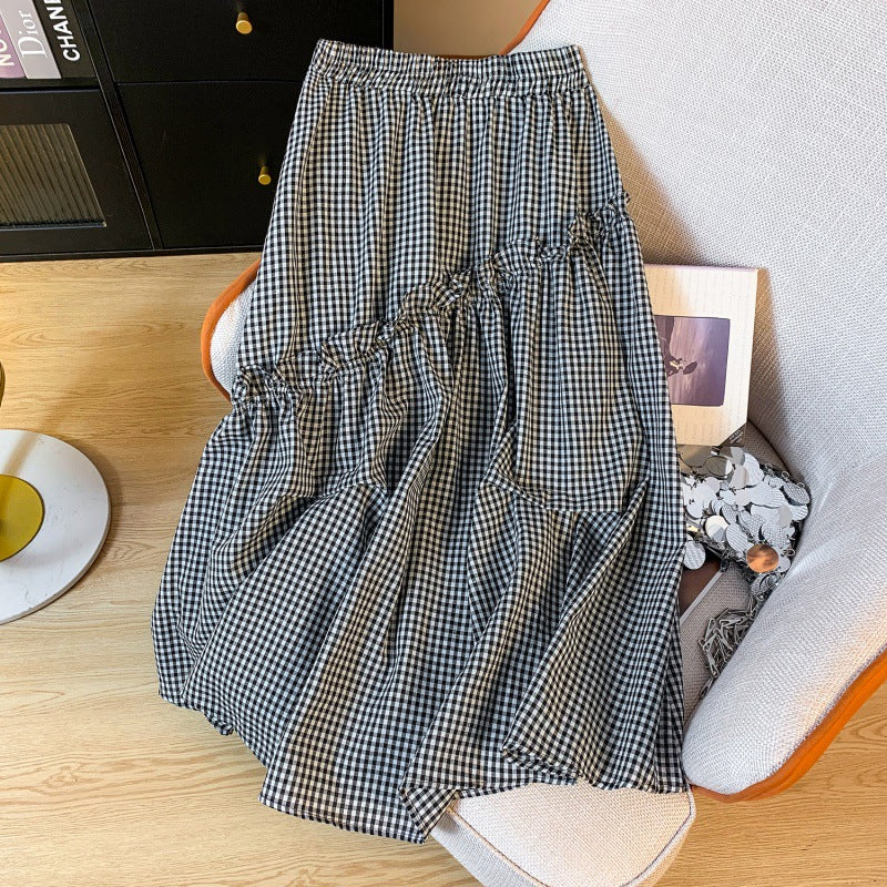 Summer Elastic Waist French Black And White Plaid Irregular A- Line Skirt - kinko