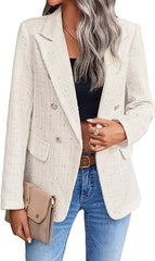 Women's Polyester Tweed Blazer With Fashion Casual Top Pockets - kinko