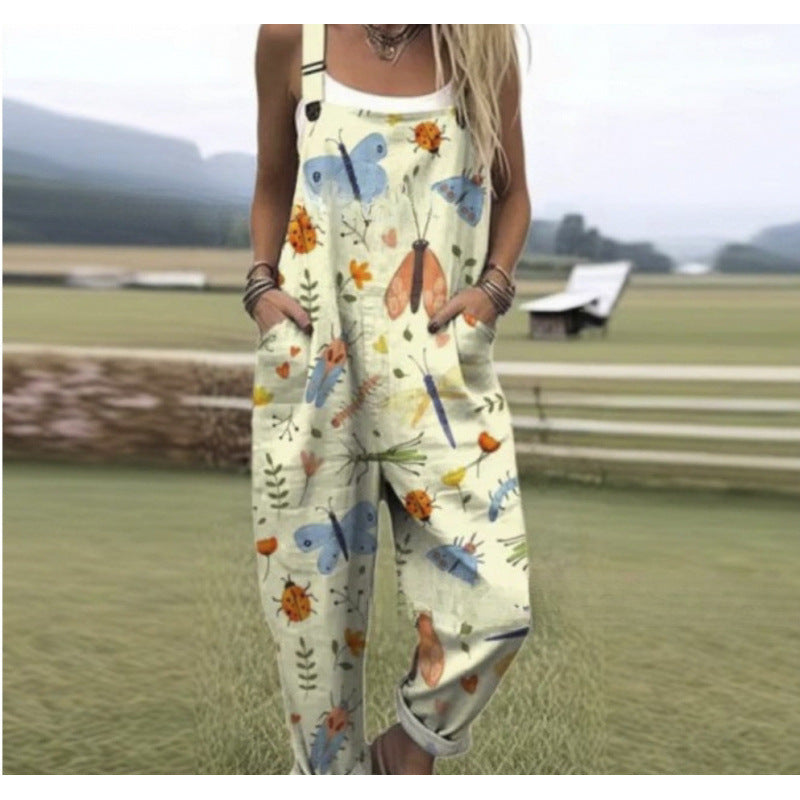 Women's Summer Digital Printing Button Casual Suspender Trousers - kinko