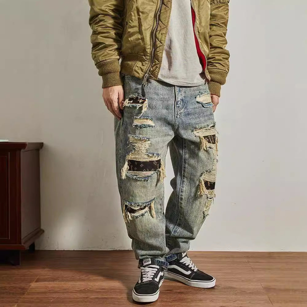 Jeans Men's Loose Straight Tapered Distressed Broken Holes Pants - kinko