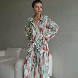 Autumn Printed Cardigan Loose Home Wear Long Sleeve Trousers Two Piece Ice Silk Pajamas