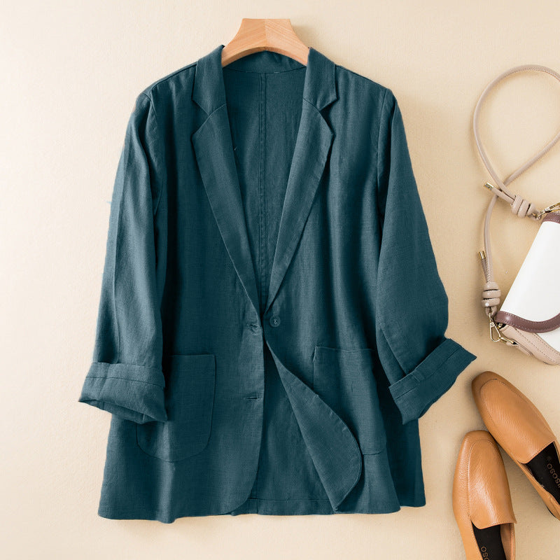 New Casual Cotton Linen Coat Long Sleeve Thin Suit For Women - kinko