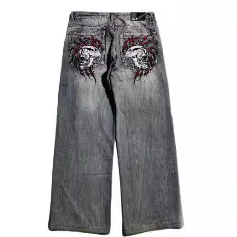 American Retro Worn Looking Washed-out Jeans Men's Wide-leg Workwear Design Casual - kinko