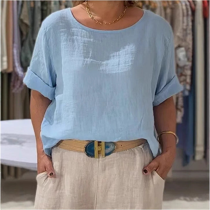 Summer New Women's Solid Color Polyester Buttons Shirt - kinko