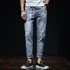 Spring And Summer Ripped Jeans Elastic Small Leg Straight Leg Pants Youth - kinko