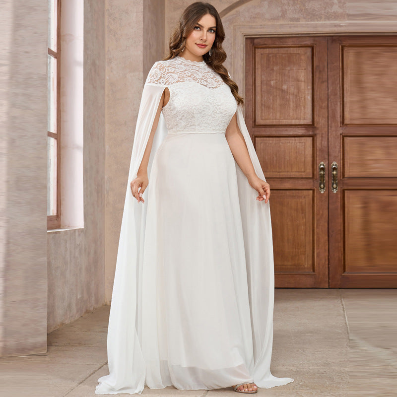 Women's Plus Size Solid Color Elegant Chiffon Round Neck Lace Stitching Cloak Evening Dress - kinko