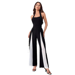 Black And White Color Matching Straight Halter Jumpsuit - kinko