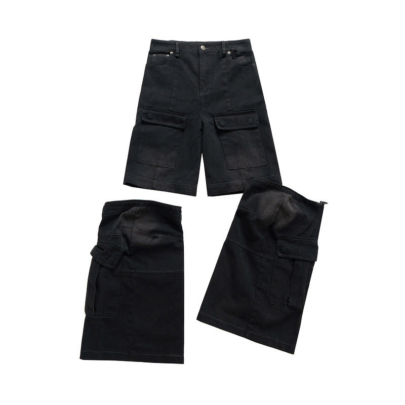 Detachable Worn Looking Washed-out Multi-pocket Detachable Two-way Wear Micro-pull Overalls - kinko
