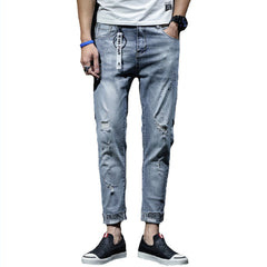 Spring And Summer Ripped Jeans Elastic Small Leg Straight Leg Pants Youth - kinko
