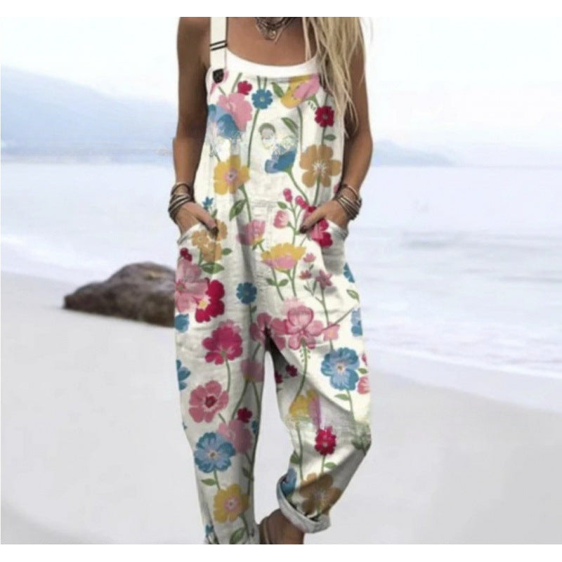 Women's Summer Digital Printing Button Casual Suspender Trousers - kinko