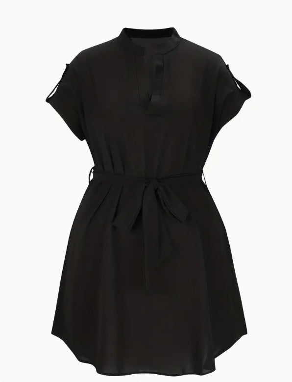 V-neck Short Sleeve Dress With Belt Summer Fashion Bowknot Dresses For Women Clothing - kinko