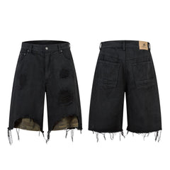 High-grade RO Style Cropped Pants Men's Street Washed Broken Denim Middle Pants Straight - kinko