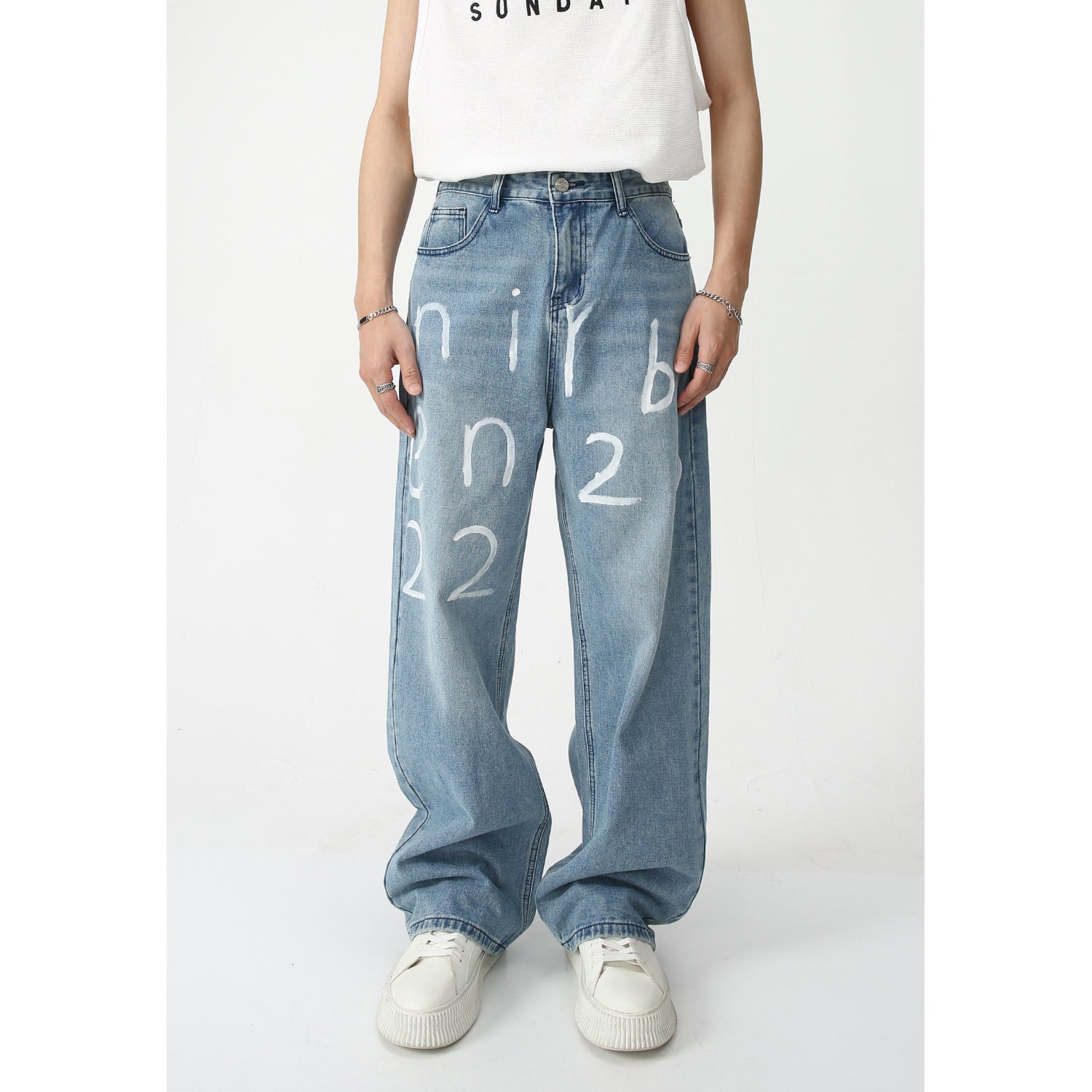 New Loose Wide-leg Mopping Jeans Personalized Digital Printing - kinko