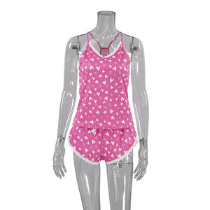 Heart Printing Lace Design Sexy Strappy Bow Lace Shorts Two Piece Set Ladies Homewear