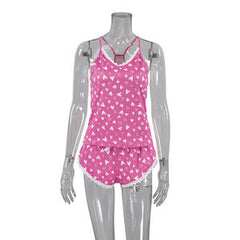 Heart Printing Lace Design Sexy Strappy Bow Lace Shorts Two Piece Set Ladies Homewear