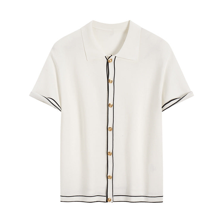 Simple Cardigan Contrast Color Lapels Old Money Style All-match - kinko