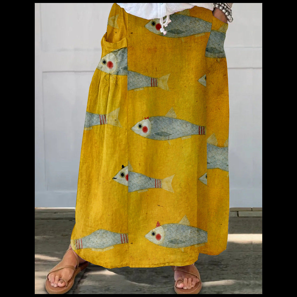 Women's Loose Versatile Pocket 3D Printed Midi Skirt - kinko