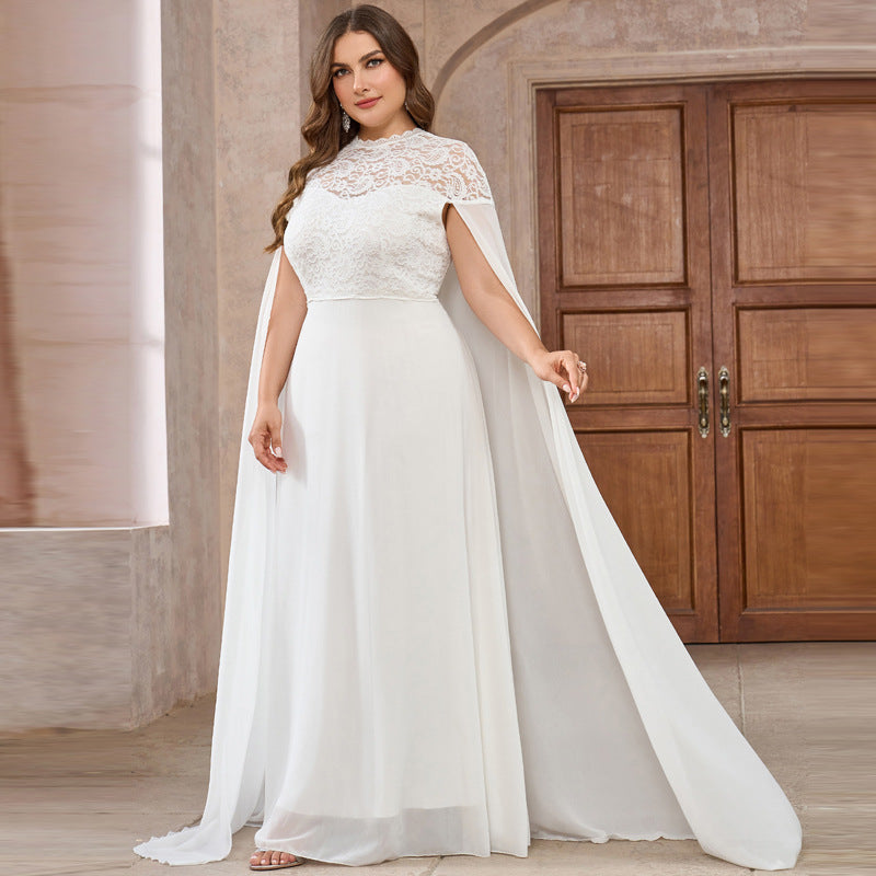 Women's Plus Size Solid Color Elegant Chiffon Round Neck Lace Stitching Cloak Evening Dress - kinko