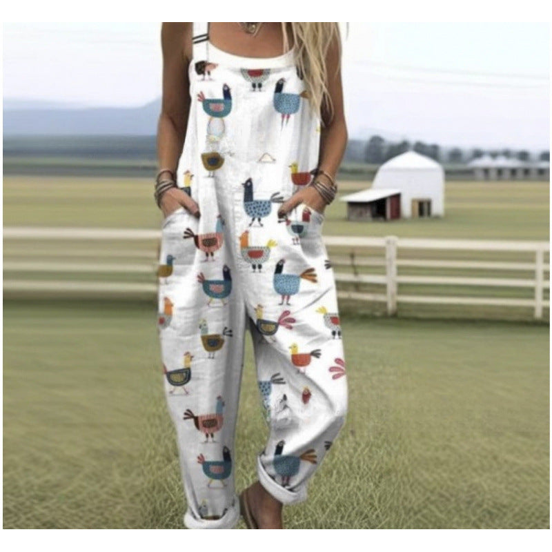 Women's Summer Digital Printing Button Casual Suspender Trousers - kinko