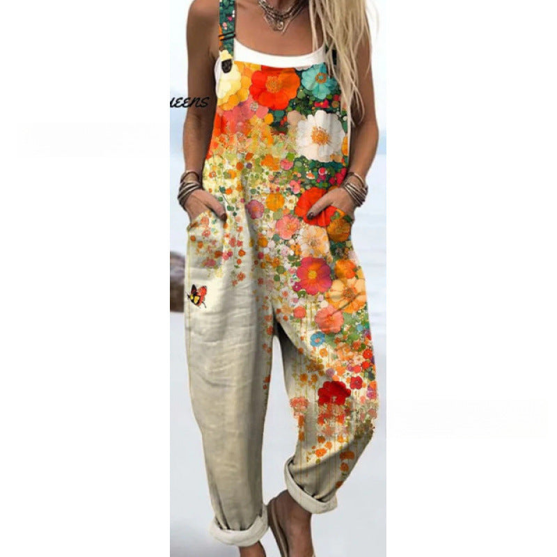 Women's Summer Digital Printing Button Casual Suspender Trousers - kinko