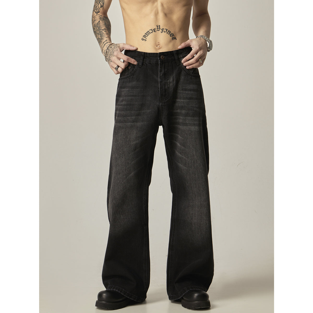 American Retro Black Loose Straight Jeans - kinko